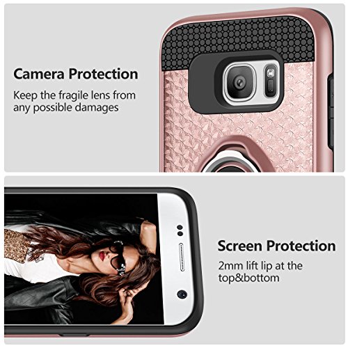 Galaxy S7 Case, Vofolen Galaxy S7 Case Ring Holder Kickstand Rotational Clip Hybrid Defender Heavy Duty Armor Dual Layer Protective Hard Shell TPU Bumper Cover for Galaxy S7 (Rose Gold)