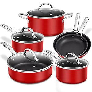 HITECLIFE Nonstick Pots and Pans Set, Cookware Sets 10pcs, Chemical-Free Induction Cooking Set with Lids, Space Saving Aluminium Pan Set, Kitchenware with Saucepan, Frying Pan, Stockpot, Red