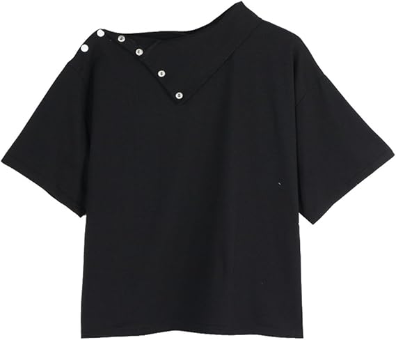 Amazon Hongma おしゃれ ショート丈 黒 Tシャツ ボタン襟付き レディース シンプル 無地 半袖 トップス カジュアル ゆったり Xl Tシャツ カットソー 通販