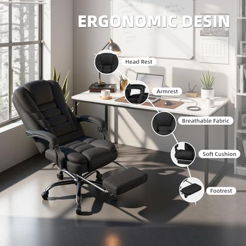 SITMOD Executive Office Chair with Footrest, Pocket Spring Fabric Desk Chair, High Back Thick Padding Computer Chair with Linkage Armrests, 90-150° Reclining Ergonomic Task Chair, Black