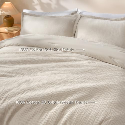 David's Home Cotton Muslin Comforter Set Queen Size, 100% Cotton Cover Ultra-Soft Breathable Lightweight Skin-Friendly for Spring Summer, 3PCS Linen Like Gauze Bedding with Polyester Filling, Natural