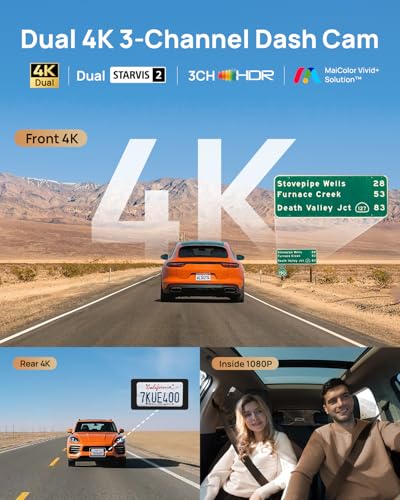 70mai 4K T800 3 Channel Dash Cam Front and Rear Inside (2160P+2160P+1080P), STARVIS 2 IMX678, HDR Night Vision, Dash Camera for Cars with 512GB Card, WiFi 6, 4G LTE, ADAS, 24H Parking Mode