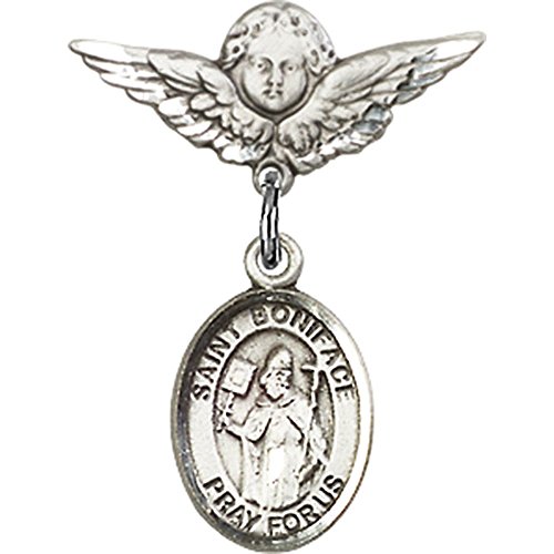 Sterling Silver Baby Badge with St. Boniface Charm and Angel w/Wings Badge Pin 7/8 X 3/4 inches