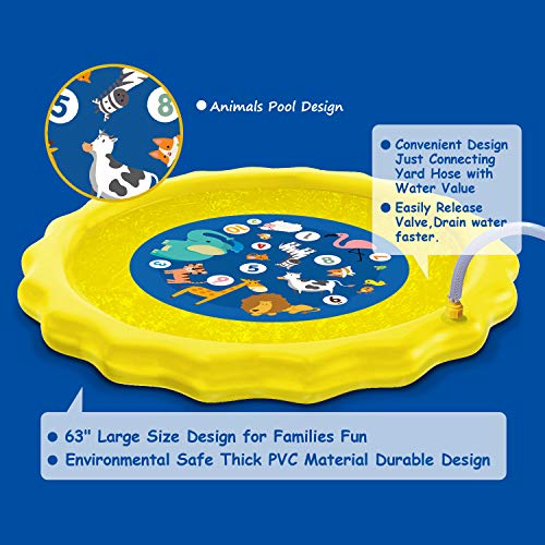 HISTOYE Outdoor Sprinkle Play Mat Summer Sprinklers for Yard Kids 63" Large Size Splash Pad for Toddler Outside Toys Fun Lawn Water Mat Toy Wading Pool for Girl Boy Babies