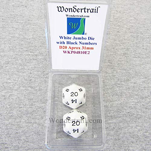 White Jumbo Dice with Black Numbers D20 31mm Pack of 2 Wondertrail