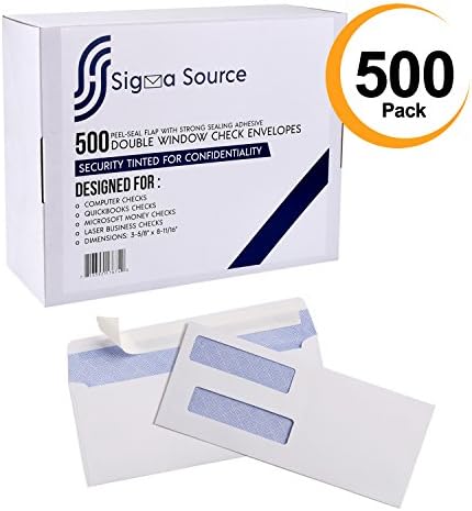 3-5/8 x 8-11/16#8 Check Envelopes by Sigma Source, 500-Pack Double Windows, Security Tinted and Self Seal For Payroll Quickbooks Checks, Business Checks and Laser checks (NOT FOR INVOICES)