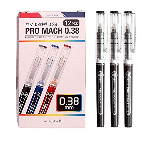 Morning Glory Pro Mach Roller Ball Pen (12 pcs, 6 pcs) 0.38 mm Fine Point Tip (Black (12 pcs)) New Upgrade Model