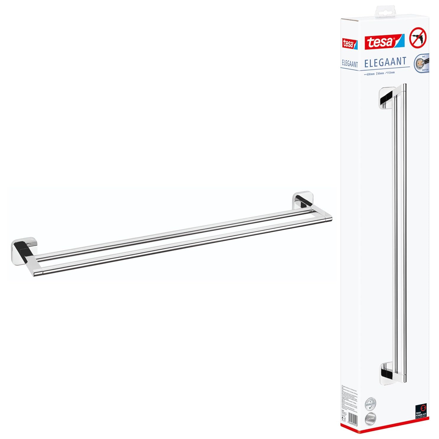 tesa ELEGAANT Double Towel Rail - Self-Adhesive Towel Bar in Stainless-Steel Design - Wall-Mounted Dual Towel Holder - Waterproof, incl. Power.Kit Adhesive Solution - 50mm x 630mm x 113mm
