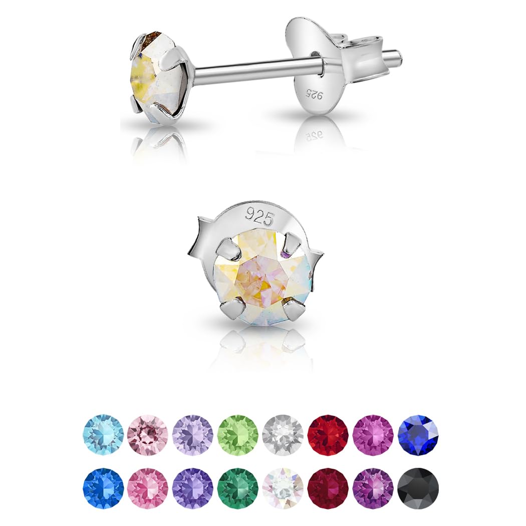 925 Sterling Silver Round SMALL Stud Earrings made with Glittering Crystals - Silver Studs Earrings for Woman - Diameter: 4 mm - Colour : Aurora Borealis