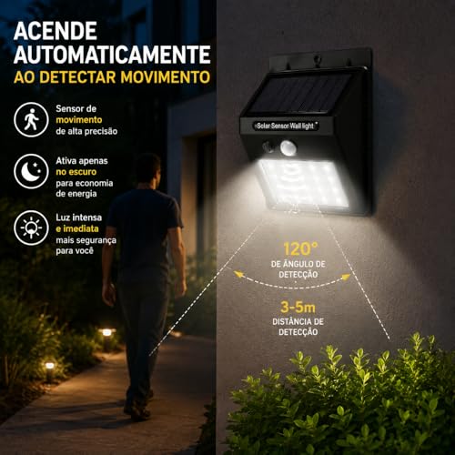 Kit 4 Arandelas Luminária Solar LED com Sensor de Presença Segurança | Luz Automática Externa Parede Jardim IP65 Resistente à Água Premium