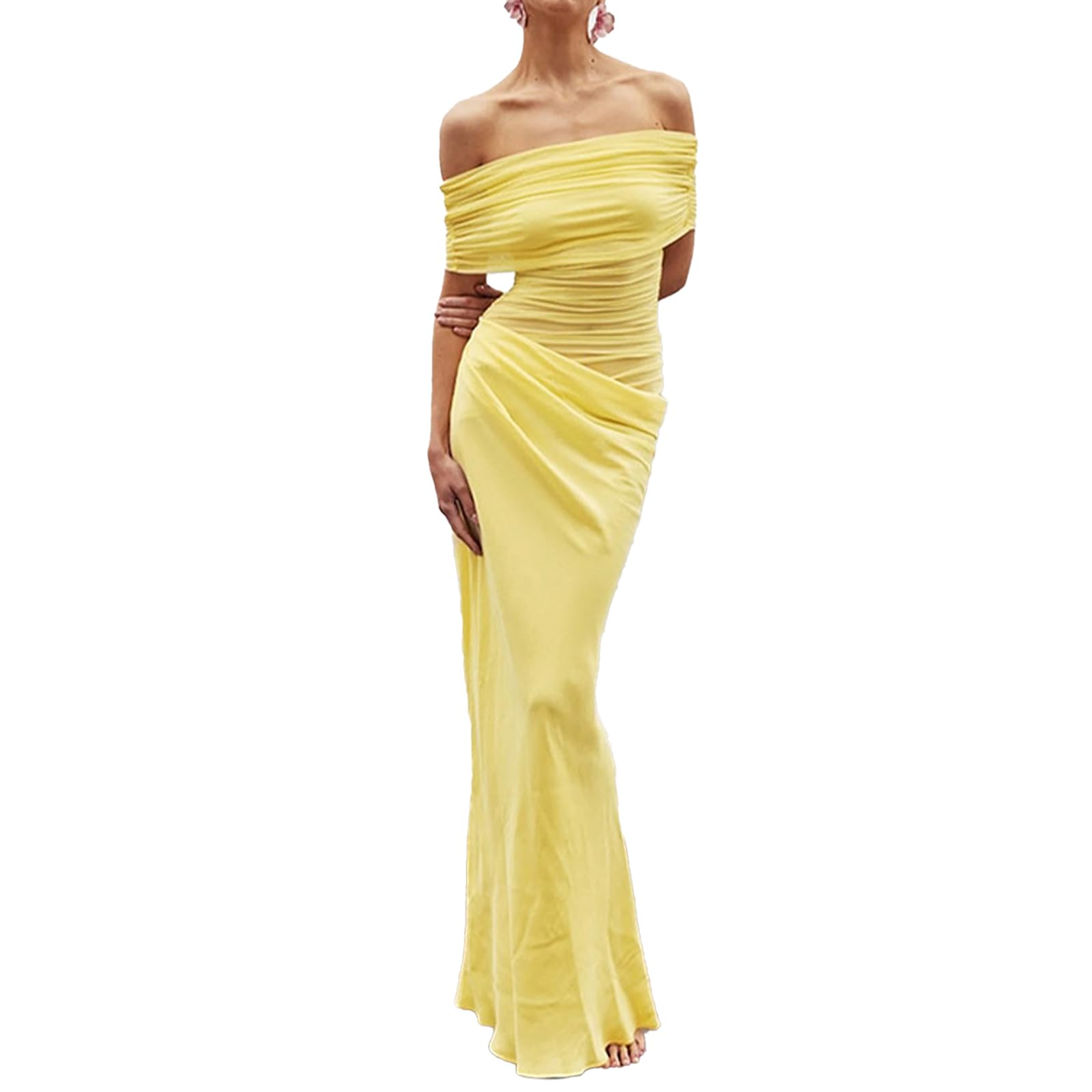 Photo 1 of **NEEDS TO BE CLEANED** ABYOVRT Women Off Shoulder Maxi Dress Sheer Mesh Ruched Long Dress Sexy Y2k Dresses Beach Clubwear (Yellow, S)