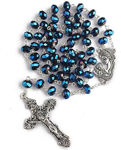 Hedi 6x8mm Deep Blue Crystal Beads Catholic Rosary with Madonna Center&Crucifix