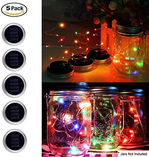 5 Pack Solar Mason Jar Lights, 10 LED String Fairy Lights Decor Lid Insert Garden Decor Outdoor Hanging Lantern Lights for Holiday/Patio/Party/Wedding/Christmas Decorative(Jars Not Included)
