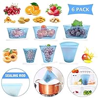 6 Pack Reusable Silicone Food Bag, Roysmart Zip Lock Containers BPA Free Leakproof Cup Dishes Storage Bags for Fruit/Snack/Vegetables, Microwave Dishwasher & Freezer Safe (Blue).