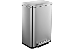13 Gallon (50L) Fingerprint-Proof Stainless Steel Trash Can Tall Rectangular Design with Soft-Close Lid, Step Pedal & Removab