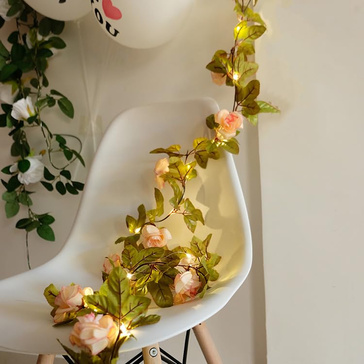 FLCSIed 20 LED Artificial Vine with Rose Flowers Vine with Fairy Lights for Home Party Decoration (Rose Pink)
