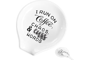 RAOSIME Coffee Spoon Rest and Spoon,Funny Coffee Quote Ceramic Coffee Spoon Holder-Station Decor Coffee Bar Accessories-Gifts for Coffee Lovers (I run on)
