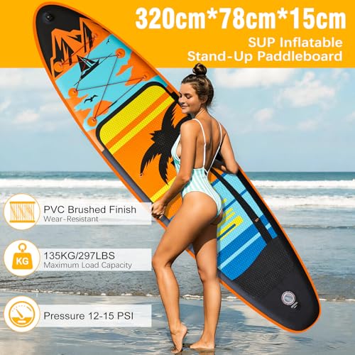 Adult Inflatable Surfboard, 320 cm Inflatable Sup with Accessories: Paddle, Pump, Fish Fins *3, Load Capacity of 135 kg, Plus Sup Board for All Levels Surfers