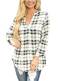 LOSRLY Women Casual Loose V Neck 3 4 Cuffed Sleeve Plaid Shirts Blouse Tops