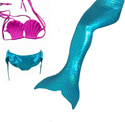 3Pcs Set Kids Girls Mermaid Tail Swimming Bikini Set Swimwear Mono Fin Swim Set (120(6~8Years),Rose Top+Panties+Light Blue Mermaid Tail)