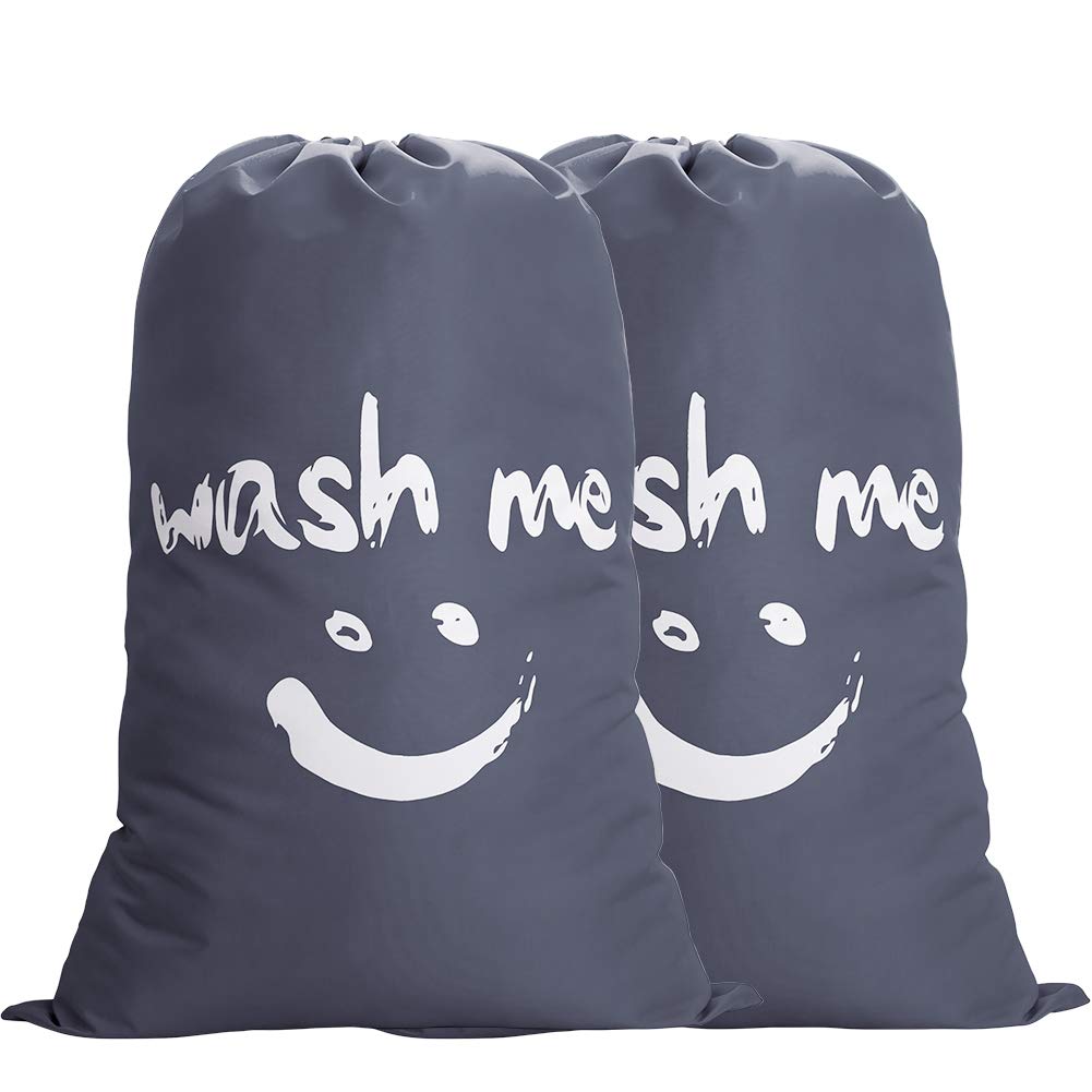 IHOMAGIC Laundry Bag 2 Pack Extra Large 120L, Foldable Storage With Drawstring Cord Lock Closure, Nylon Dirty Clothes for Bedroom Home or Dormitory and Travel, Smile Fabric, Dark Gray