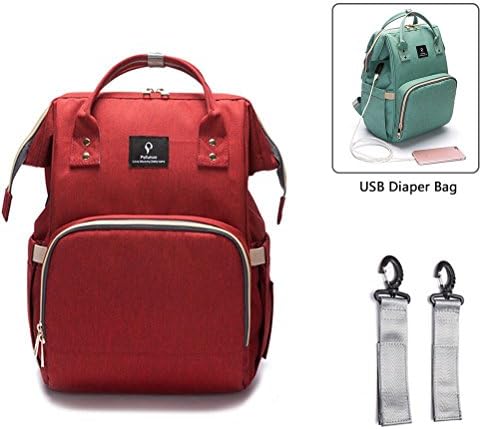 Large Capacity Nappy Changing Backpack with USB Charging Port, YIMOJI Multi-function Baby Diaper Bag Mom and Dad Travel Backpack with 2 Insulated Thermal Milk Bottle Pockets, Stroller Straps (Red USB Port Pattern)