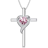 TOUPOP Birthstone Cross Necklace for Women 925 Sterling Silver Heart Cross Pendant Necklace Valentines Day Birthday Jewelry Gifts for Her Girlfriend Wife Mom