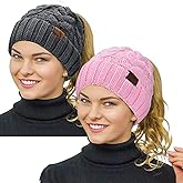 Rosoz Ponytail Beanie for Women,Winter Warm Beanie Tail Soft Stretch Cable Knit Messy High Bun Hat