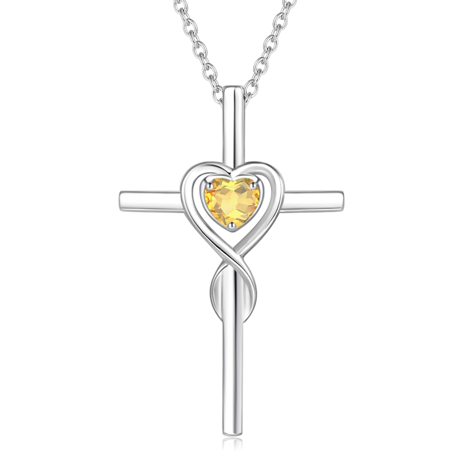FANCIME 925 Sterling Silver Crucifix Infinity Heart Cross Pendant Necklace with Natural Citrine Gemstone November Birthstone Fine Jewellery for Women Girls - Chain Length: 16 + 2 Inch