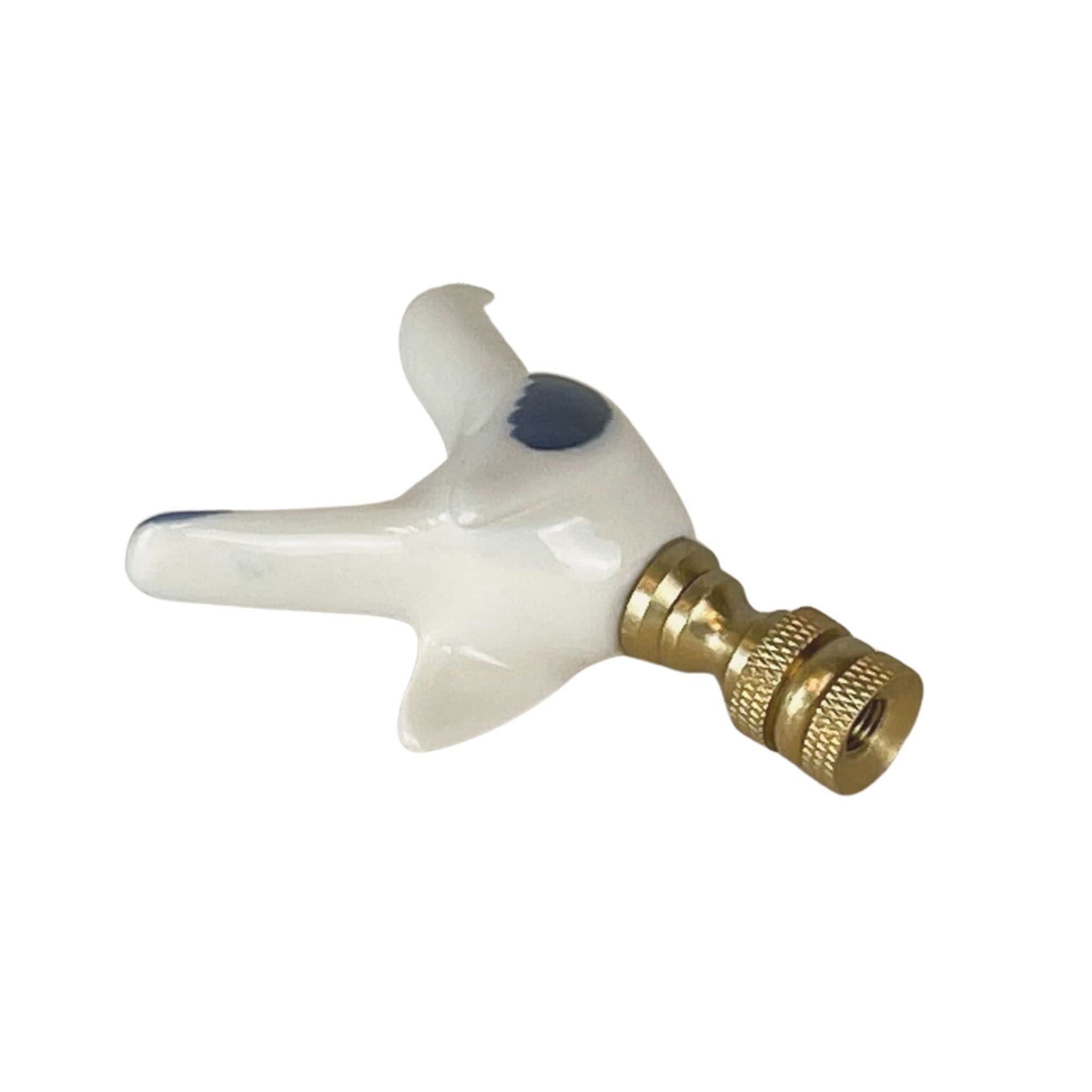 Condition photo showing New/Like New for royal designs, inc. blue & white porcelain bird finial for lamp shade, polished brass