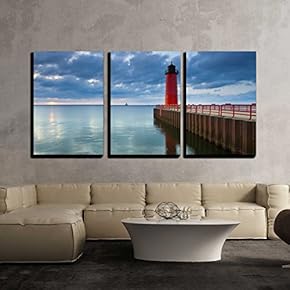 3 Piece Canvas Wall Art - Milwaukee Lighthouse. Image of The Milwaukee Lighthouse at Sunrise. - Modern Home Art Stretched and Framed Ready to Hang - 16"x24"x3 Panels