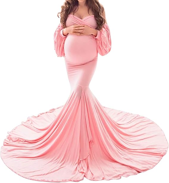 Women Off Shoulder Strapless Long Puff Sleeve Maternity Dress V Neck