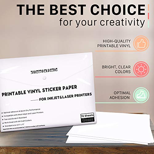 jandjpackaging printable vinyl sticker paper waterproof printable vinyl for laser inkjet printer 15 self adhesive sheets glossy white standard letter size 8 5 x11 pricepulse