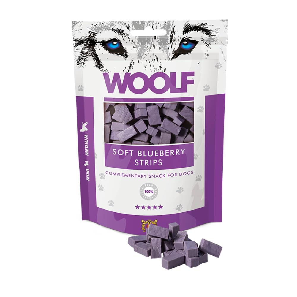 WOOLF Soft Blueberry Strips with Chicken - Complementary Snacks for Dogs. Dog Treats with All-Natural Ingredients, High Meat Content, Balanced Nutrition, Free from Artificial Additives (100g)