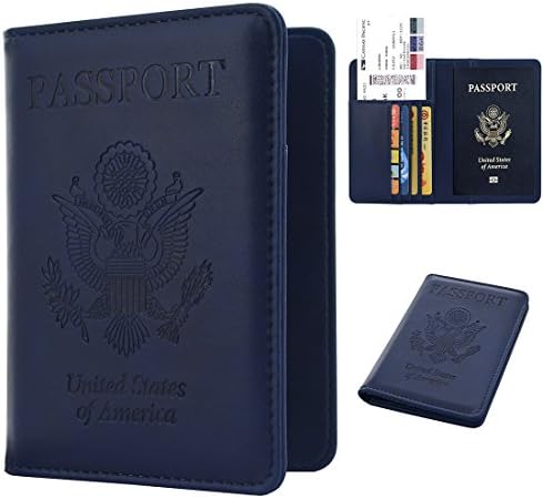 Passport Holder Cover Wallet RFID Blocking Leather Card Case Travel Document Organizer Valentines Anniversary Birthday Gifts For Him(navy blue)