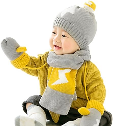Baby Girls Boys Hat &amp; Scarf &amp; Gloves 3 Pieces Set Warm Lightning Pattern for Baby (Grey)
