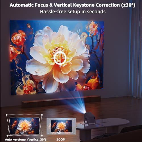 Bettdow for Netflix Official Mini Projector 4K, 1080P Portable Rotating Projector, Auto Focus/Trapezoid Correction, 10000 Lumens, Android 13 & BT 5.2, Home and Outdoor Cinema, White