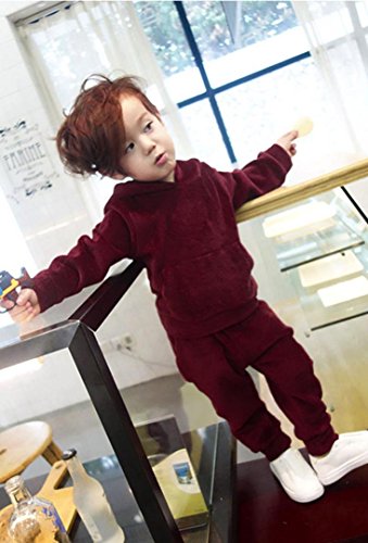 Minisoya Toddler Baby Boy Girls Warm Velvet Hoodie Casual Hooded Sweatshirt Tops Long Pants Tracksuit Outfits Set (Wine, 24M)