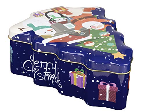 Juvale Christmas Tin Gift Box - 2-Set Tree-Shaped Cookie Candy Storage Containers with Lids for Confectioneries, Holiday Decor, Blue with Gold Lining, 6 x 7.25 x 2.6 Inches