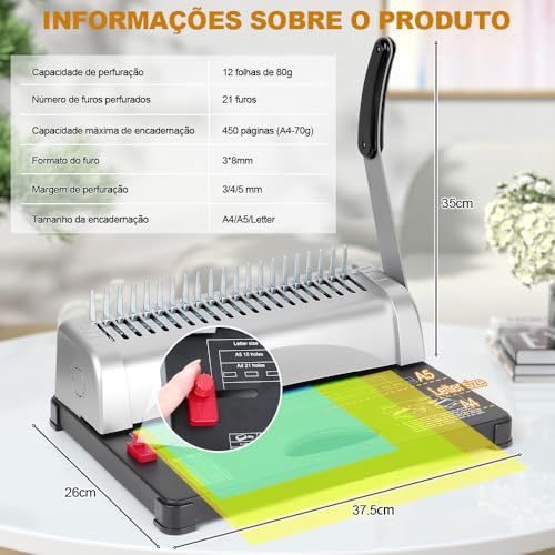 21 Furos Máquina de Encadernação, 3-5MM Margem, Encadernadora Perfuradora para Espiral, Suporte para Papel A4 E A5, 21 Furos Máquina de Encadernação, Corte 12 Folhas Ao Mesmo Tempo