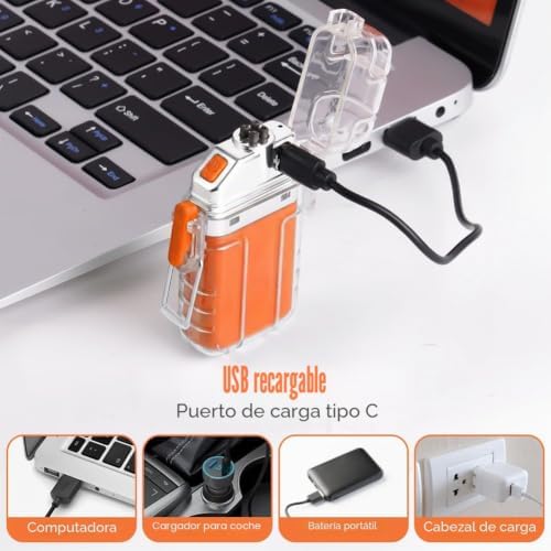 Isqueiro elétrico, isqueiro eletrónico USB C recarregável, isqueiro de arco duplo com lanterna, resistente ao vento e à água, acendedores de velas, presente para o pai, avô (laranja)