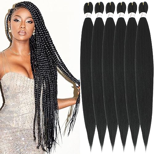Xusuperb Hair Extensions for African Braids Black 30 Inches Long Kanekalon Easy Braids Extensions Black 6 Packs Synthetic Hair Extensions for Black Braiding Hair Pre Stretched(1B)