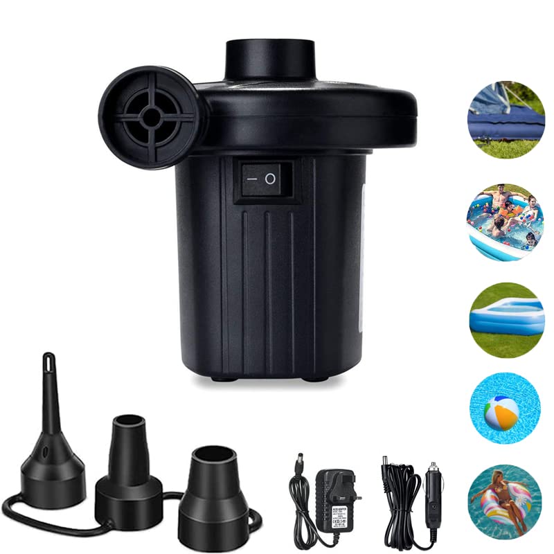 Electric Air Pump, Camping Electric Pumps for Inflatables with 3 Nozzles,Air Pump for Air Mattress, Boats,Inflatable Beds, Paddling Pools, UK 3 Pin Plug