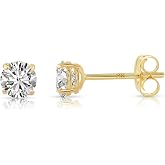 Solid 14k Yellow Gold Round Cubic Zirconia Stud Earrings - Push backs | 14k Gold Stud Earrings &amp; Butterfly Push Backs Both Stamped 14K &bull; Stud Earrings for Women &amp; Men &bull; Solitaire CZ Studs