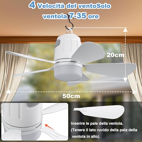 Gliztech 50 cm Outdoor Ceiling Fan, 20000 mAh Chandelier with Blades with Battery, Removable Camping Fan with Hook and Remote Control for Gazebo, Patio, Tent