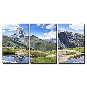 3 Piece Canvas Wall Art - The Beautiful Mountain Landscape with Stellisee Lake. Switzerland. - Modern Home Art Stretched and Framed Ready to Hang - 16"x24"x3 Panels