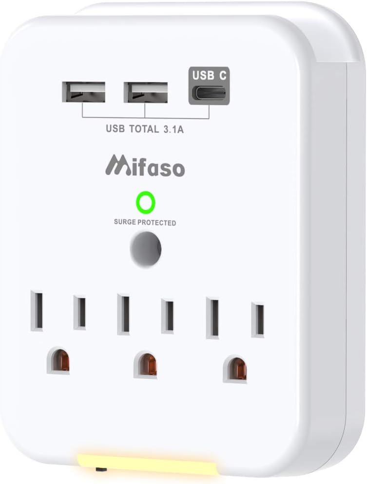 3 Outlet Surge Protector - Wall Outlet Extender with 3 USB Ports(1 USB C, 3.1A Total), Multi Plug Outlets Adapter with Dusk-to-Dawn Sensor Night Light and Phone Holders for Home, School, Office, 490J