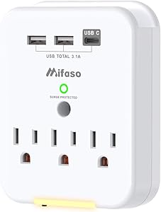 3 Outlet Surge Protector - Wall Outlet Extender with 3 USB Ports(1 USB C, 3.1A Total), Multi Plug Outlets Adapter with Dusk-to-Dawn Sensor Night Light and Phone Holders for Home, School, Office, 490J