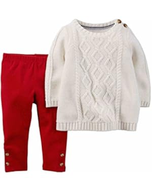Carters Infant Girls Red White Cable Knit Sweater Leggings Outfit 2 Piece