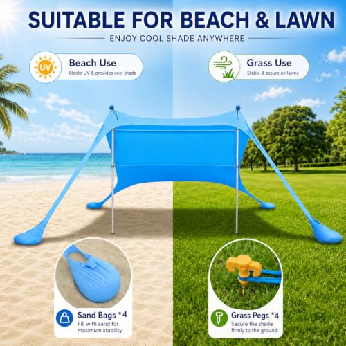 Anti UV UPF50+ Beach Tent 7ft x 7ft Sunshade Portable Canopy with 2 Pcs Aluminum Poles 4 Sand Bag Anchors Outdoor Shelter for Beach, Camping or Picnic, Blue